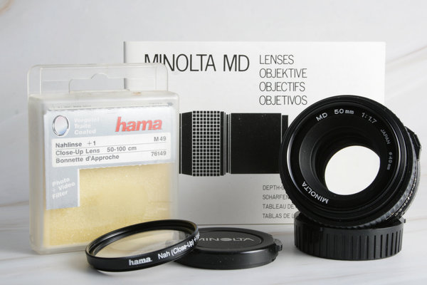 Minolta MD 1.7/50mm Standardobjektiv inkl. Equipment; gebraucht